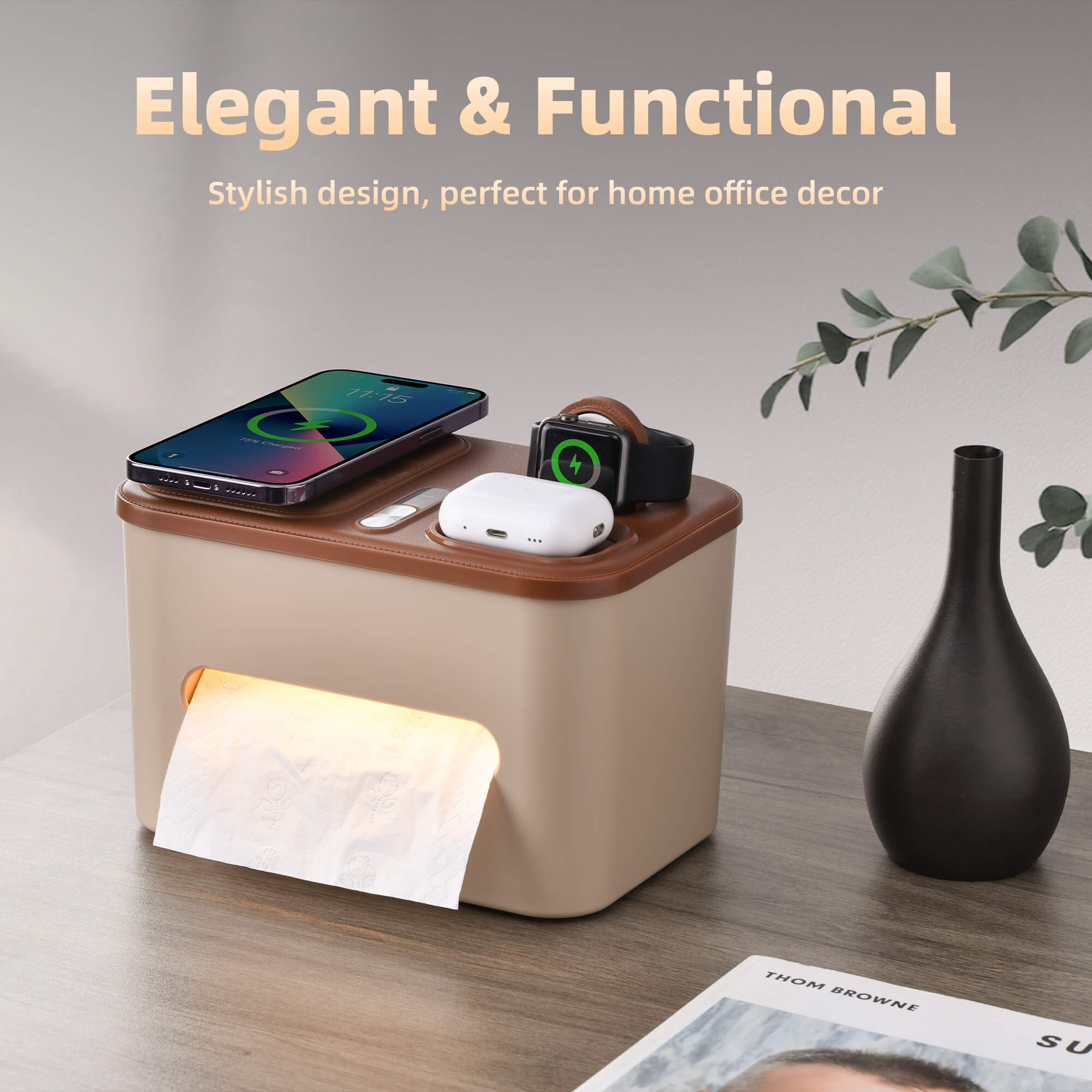 Capon Multifunction Tissue Holder with 3 in 1 Fast Charging Station-Q1 Wireless Charging, Compatible Phone, Watch & AirPods, Rectangular Tissue Box Cover with Night Light for Home Office Decor Capon Multifunction Tissue Holder with 3 in 1 Fast Charging Station-Q1 Wireless Charging, Compatible Phone, Watch & AirPods, Rectangular Tissue Box Cover with Night Light for Home Office Decor